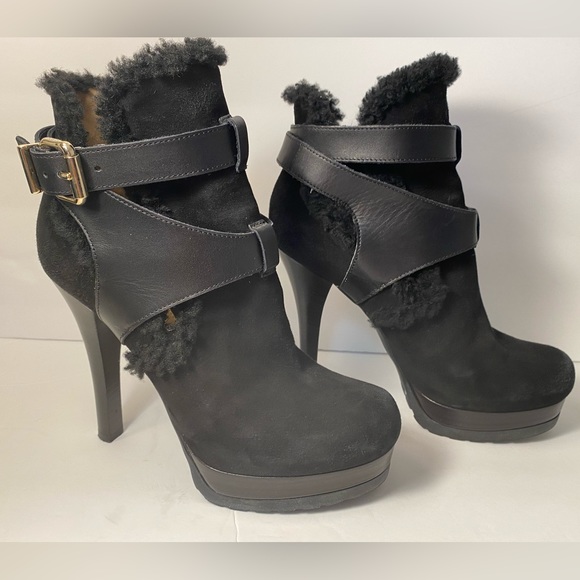Fendi suede fur trim booties ankle boots heels black 38